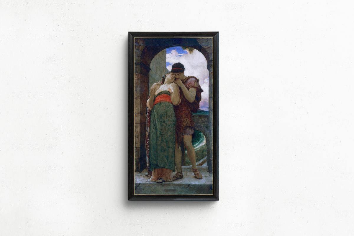 Framed art print of Wedded by Frederic Leighton, in a slim black frame on a plain white wall