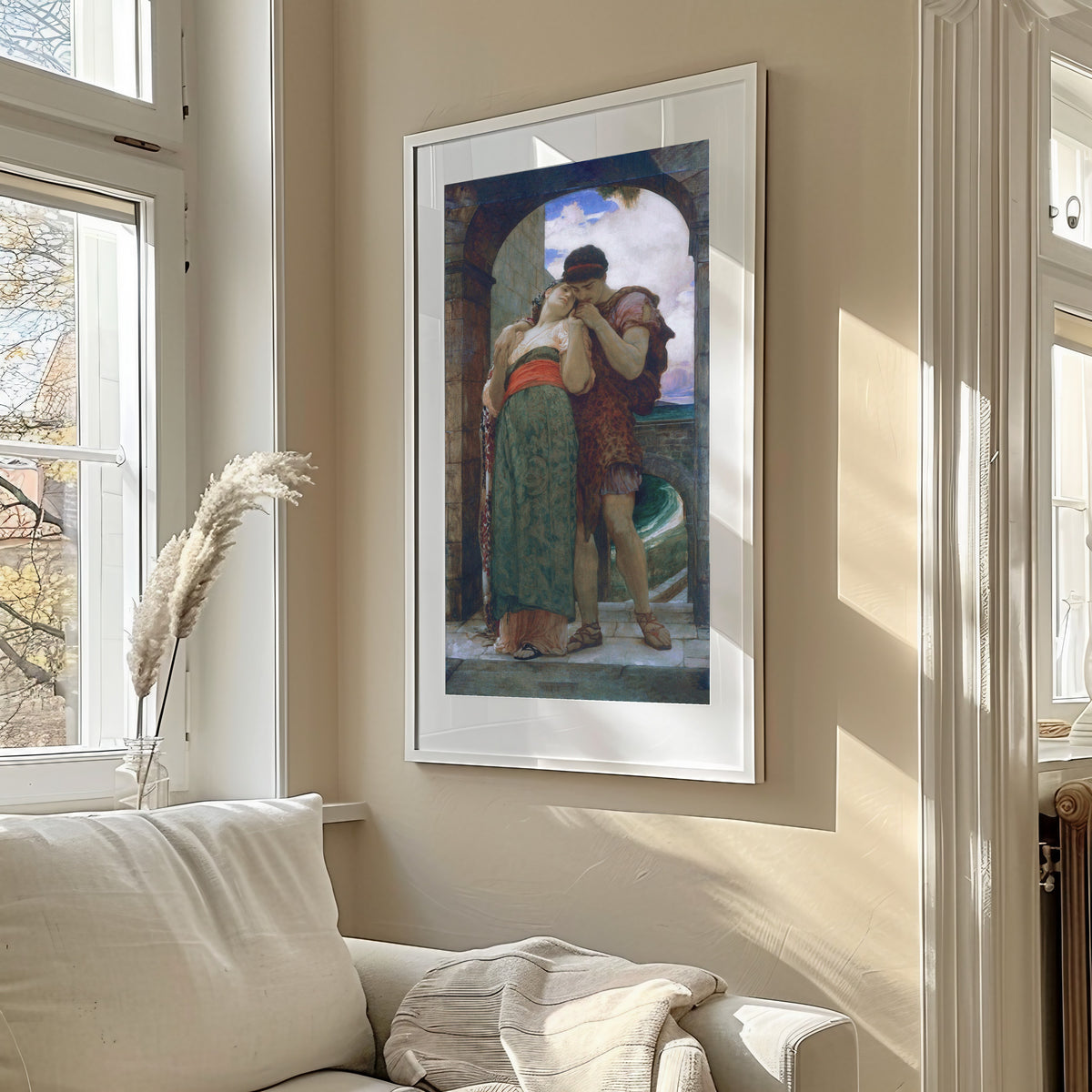 Framed art print of Wedded by Frederic Leighton, in a sunlit living room above a sofa