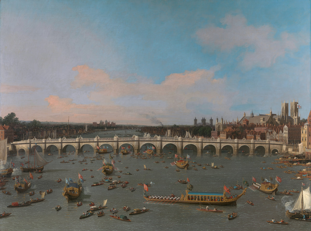 Westminster Bridge, with the Lord Mayor’s Procession on the Thames by Canaletto — A gilded barge crosses the Thames before a many-arched bridge
