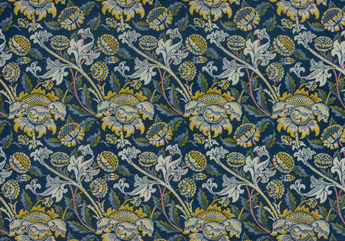 Wey (Blue) by William Morris — Yellow and cream flowers on a deep navy cloth