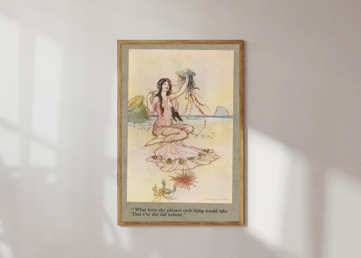Framed art print of What form she pleased each thing would take that e’er she did behold. by Warwick Goble, in a light wood frame on a sunlit white wall