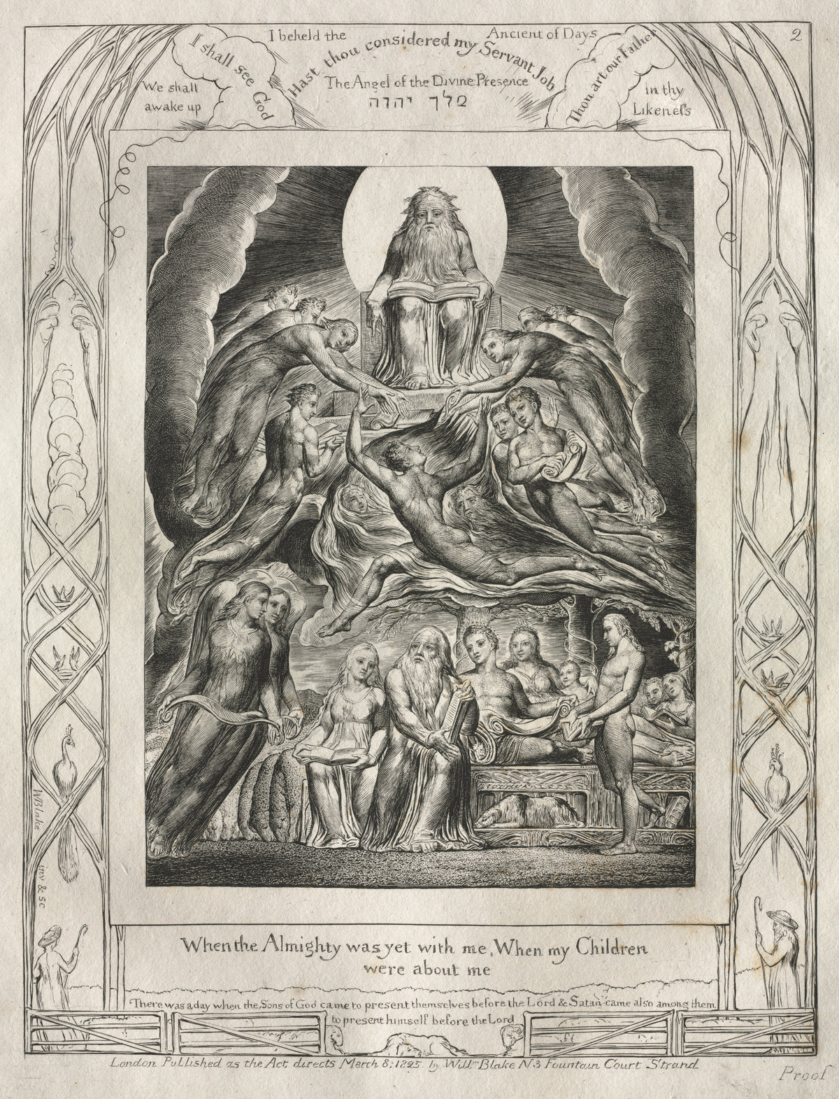When the Almighty Was Yet with Me (Book of Job, Plate 2) by William Blake — An enthroned elder in light above Job's household and the angels