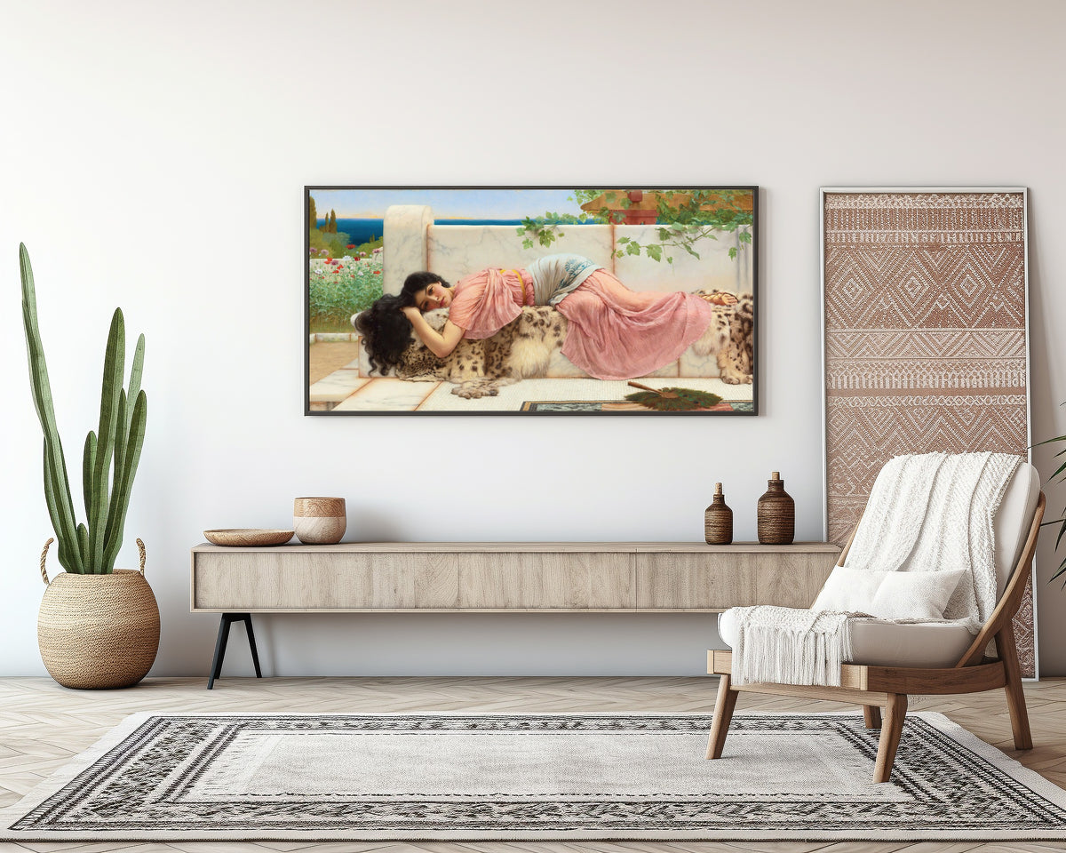 Framed art print of When the Heart is Young by John William Godward, above a sideboard in a living room