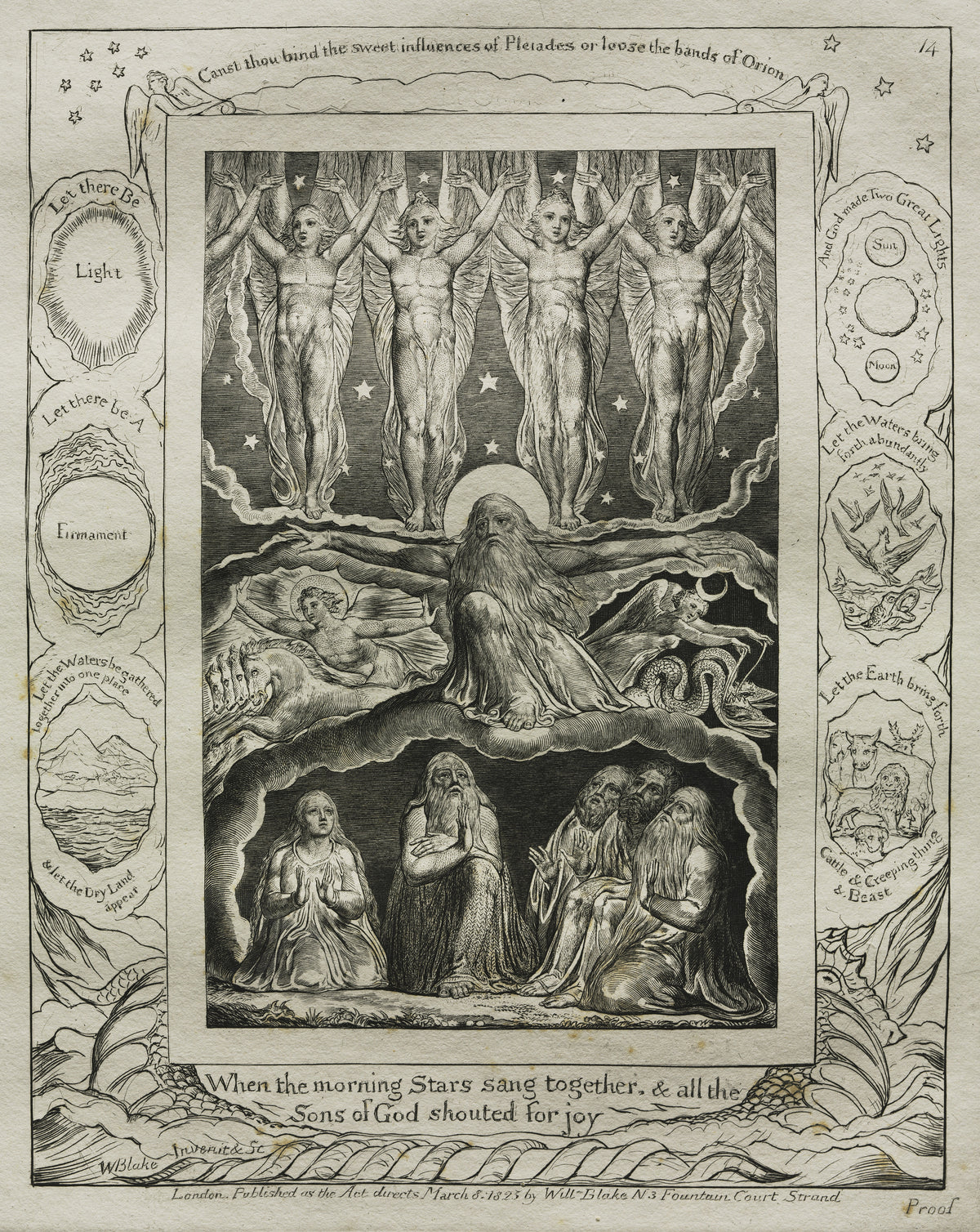 When the Morning Stars Sang Together (Book of Job, Plate 14) by William Blake — Four morning stars sing with raised arms above the Lord and Job