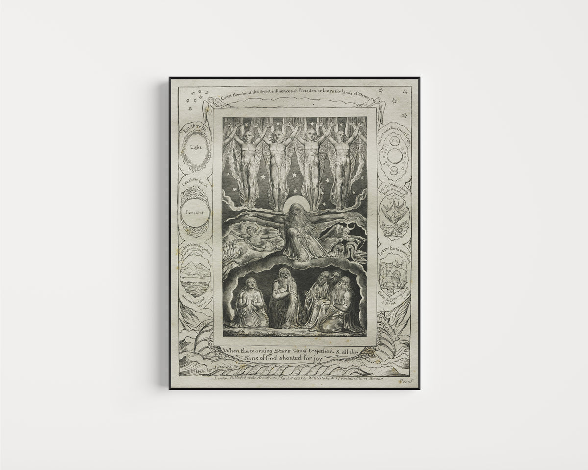 Framed art print of When the Morning Stars Sang Together (Book of Job, Plate 14) by William Blake, in a slim black frame on a plain white wall