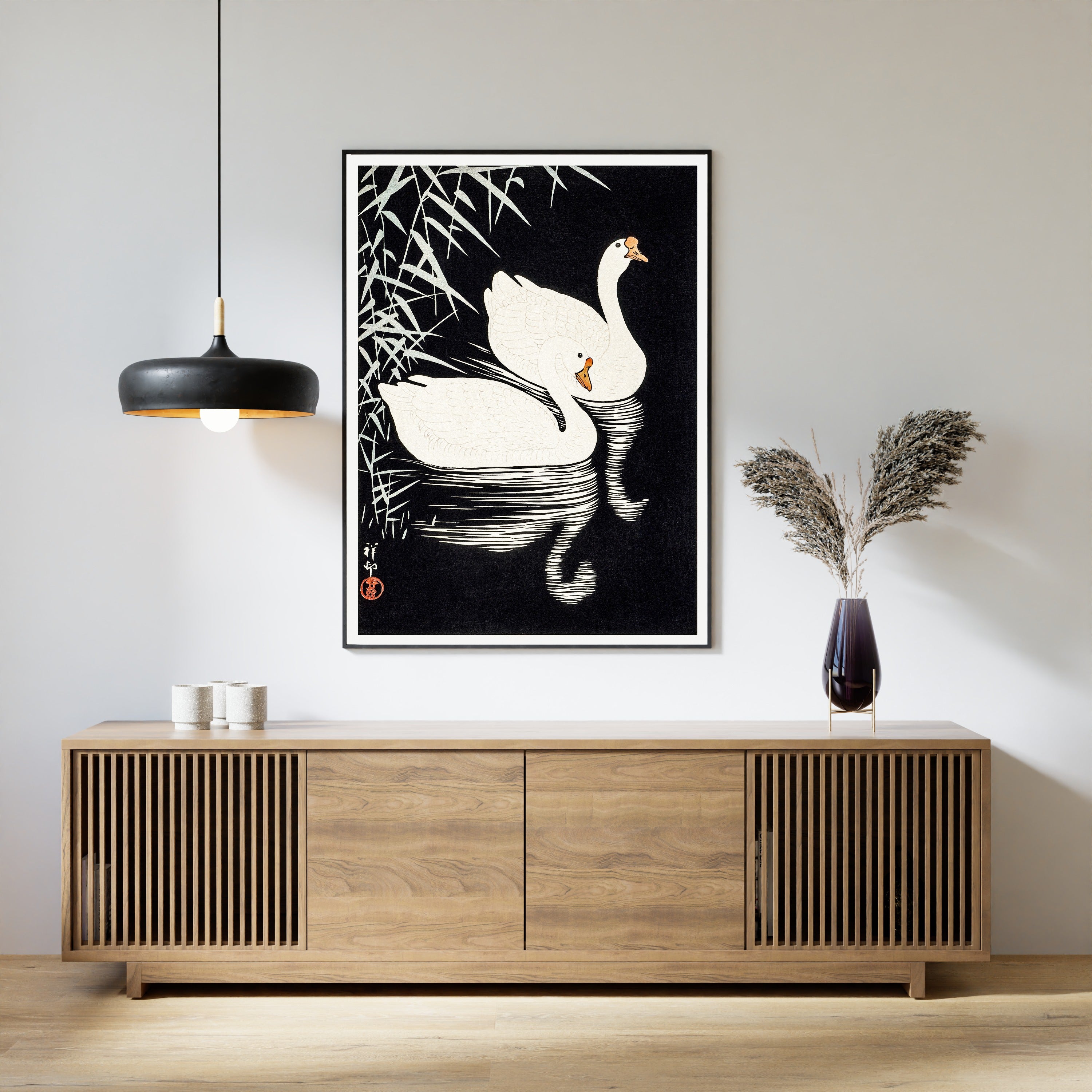 Ohara Koson — White Chinese Geese Swimming by Reeds | Japanese Bird & Flower Woodblock Print