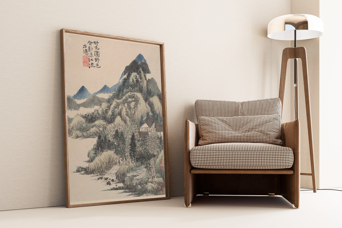 Shitao — Wilderness Colors (Blue Peaks and a Hillside Hamlet) | Chinese Ink Painting Art Print