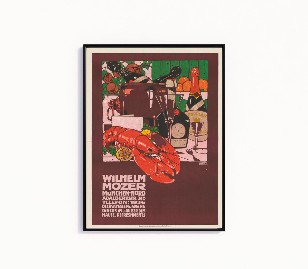 Framed art print of Wilhelm Mozer, München: Delikatessen und Weine by Ludwig Hohlwein, in a slim black frame on a plain white wall