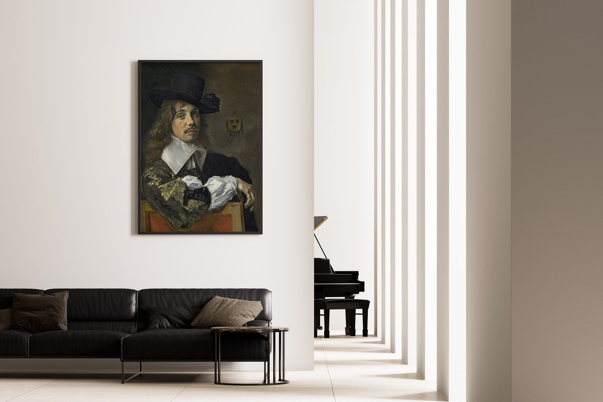 Framed art print of Willem Coymans by Frans Hals, on the wall of a minimal living room