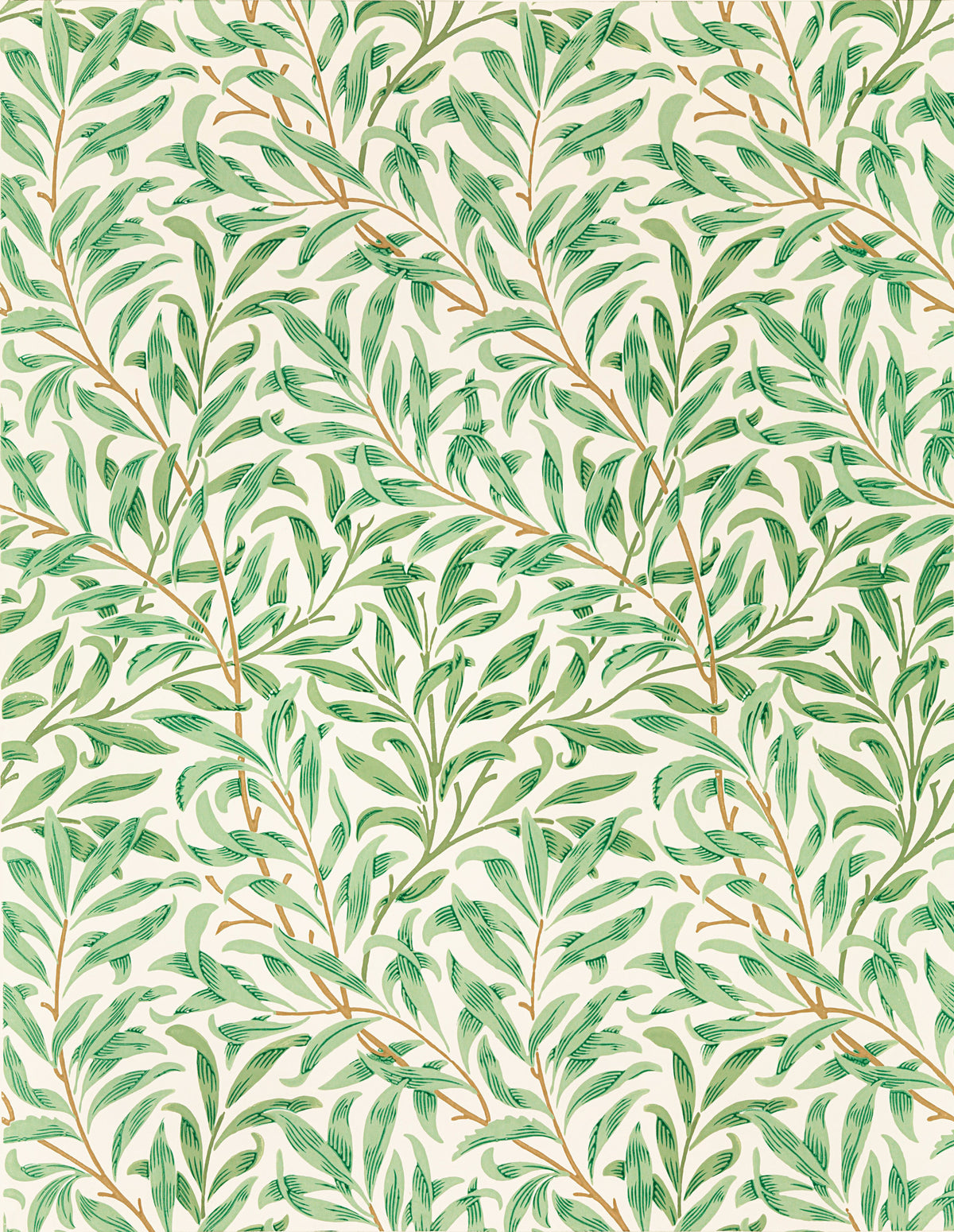 Willow Bough by William Morris — Pale and deep green willow leaves on long diagonal stems