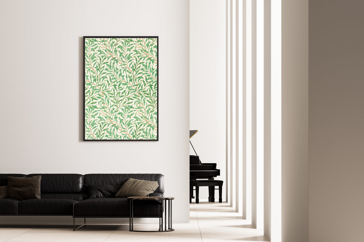 Framed art print of Willow Bough by William Morris, on the wall of a minimal living room