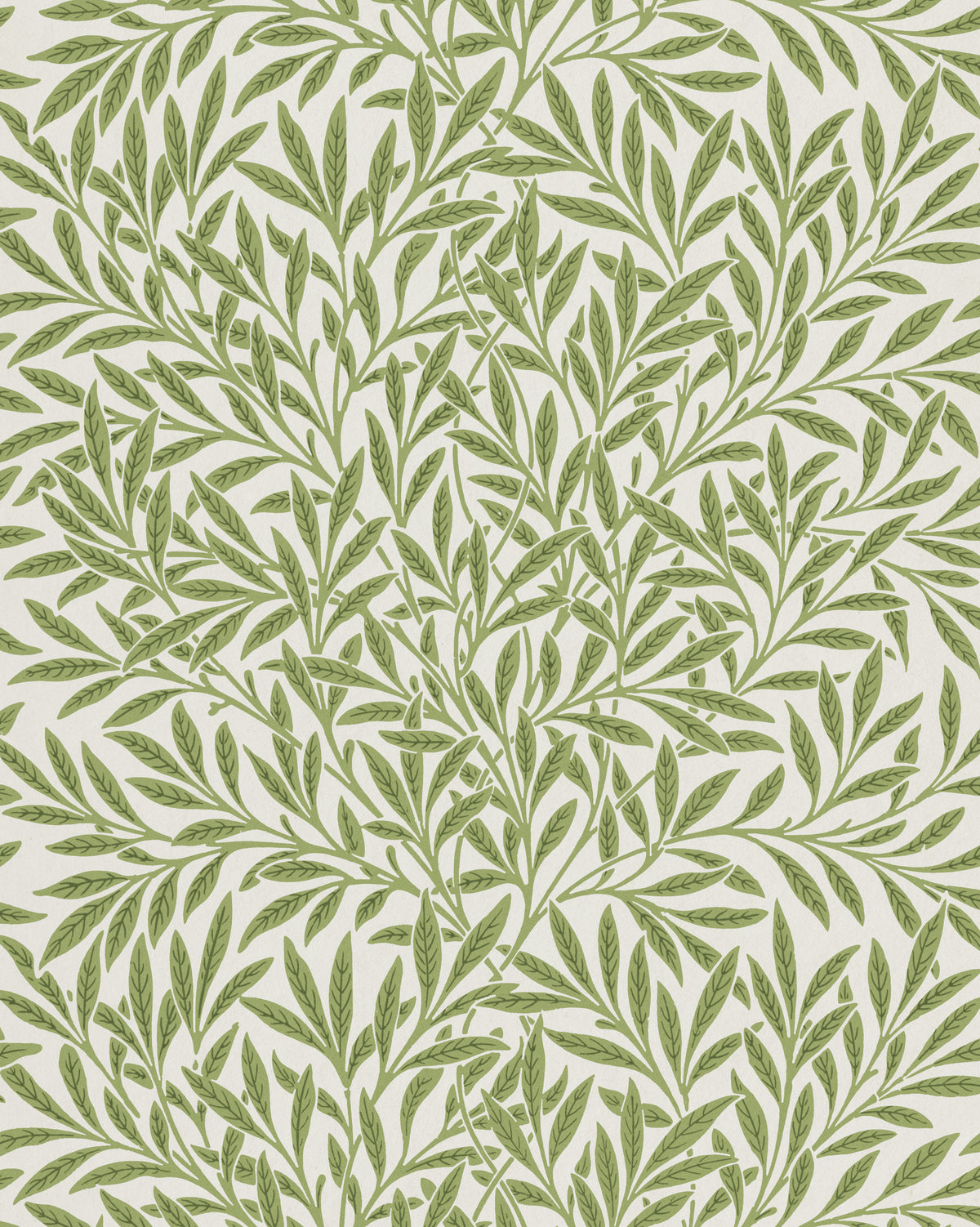 Willow by William Morris — Narrow green leaves crowd the stems on a pale cream ground