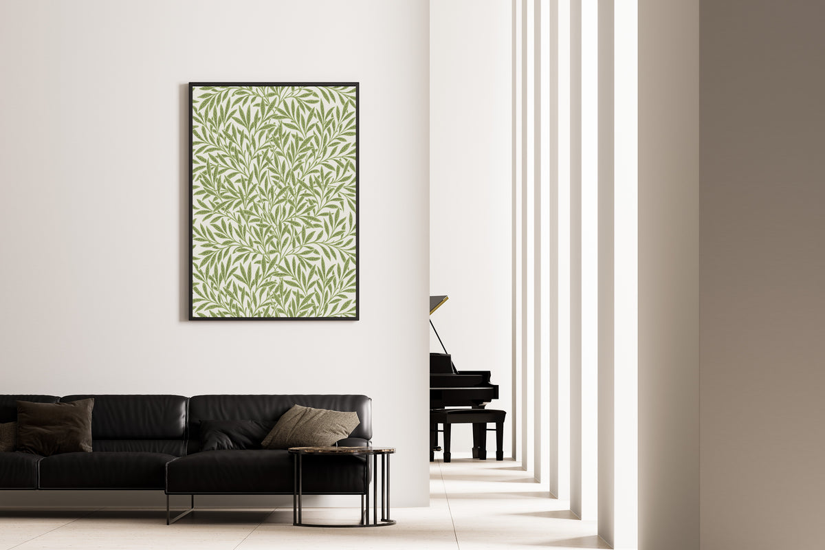 Framed art print of Willow by William Morris, on the wall of a minimal living room