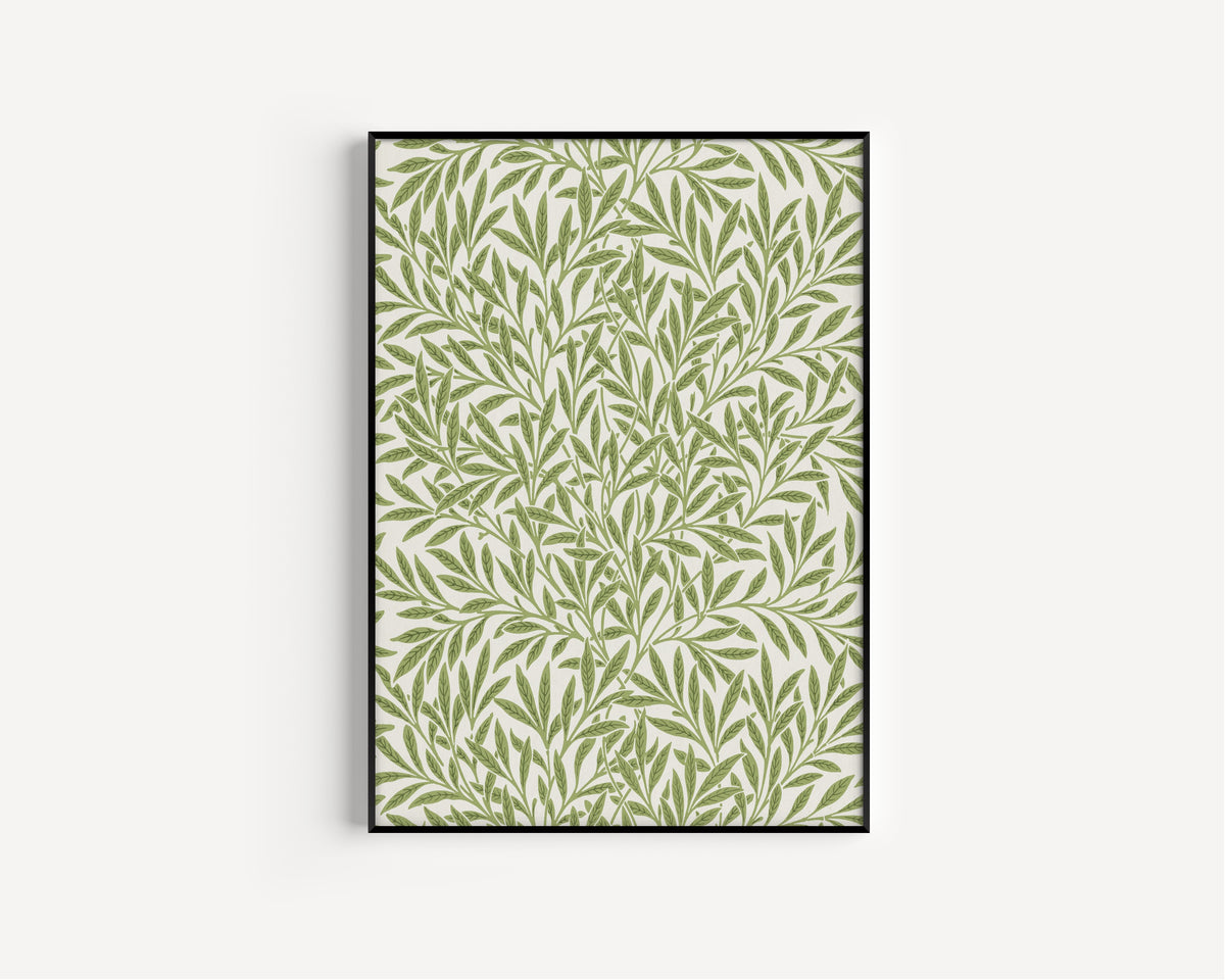 Framed art print of Willow by William Morris, in a slim black frame on a plain white wall