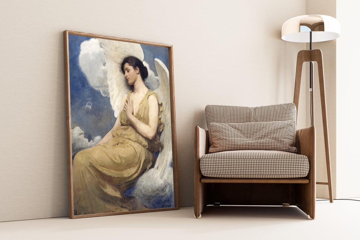 Winged Figure by Abbott Handerson Thayer — framed and leaning against a wall beside an armchair and a floor lamp