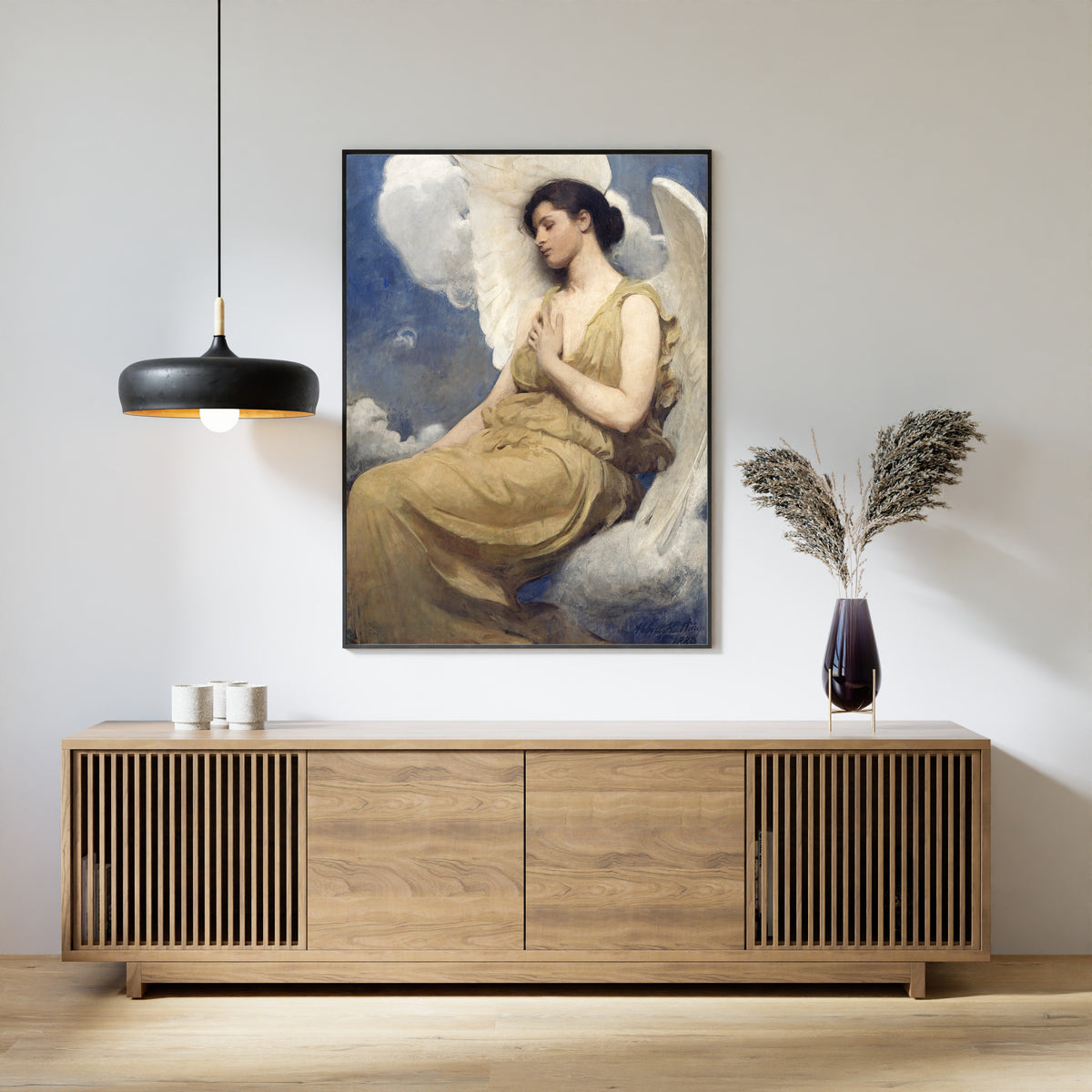 Winged Figure by Abbott Handerson Thayer — framed above a slatted wood sideboard