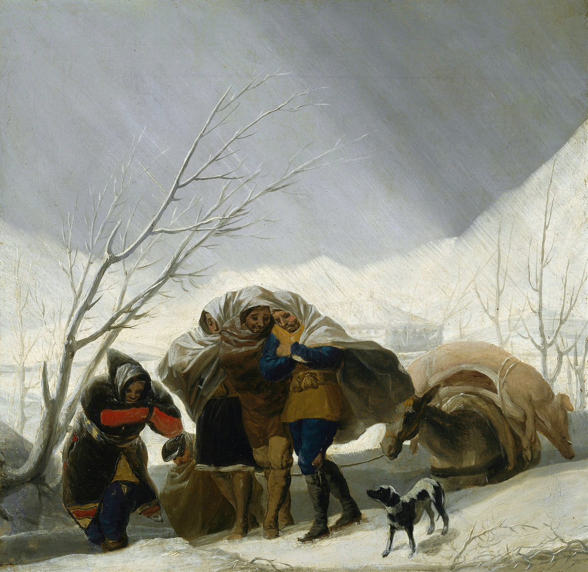Winter Scene by Francisco de Goya — Travellers huddle under a blanket on a road in a driving snowstorm