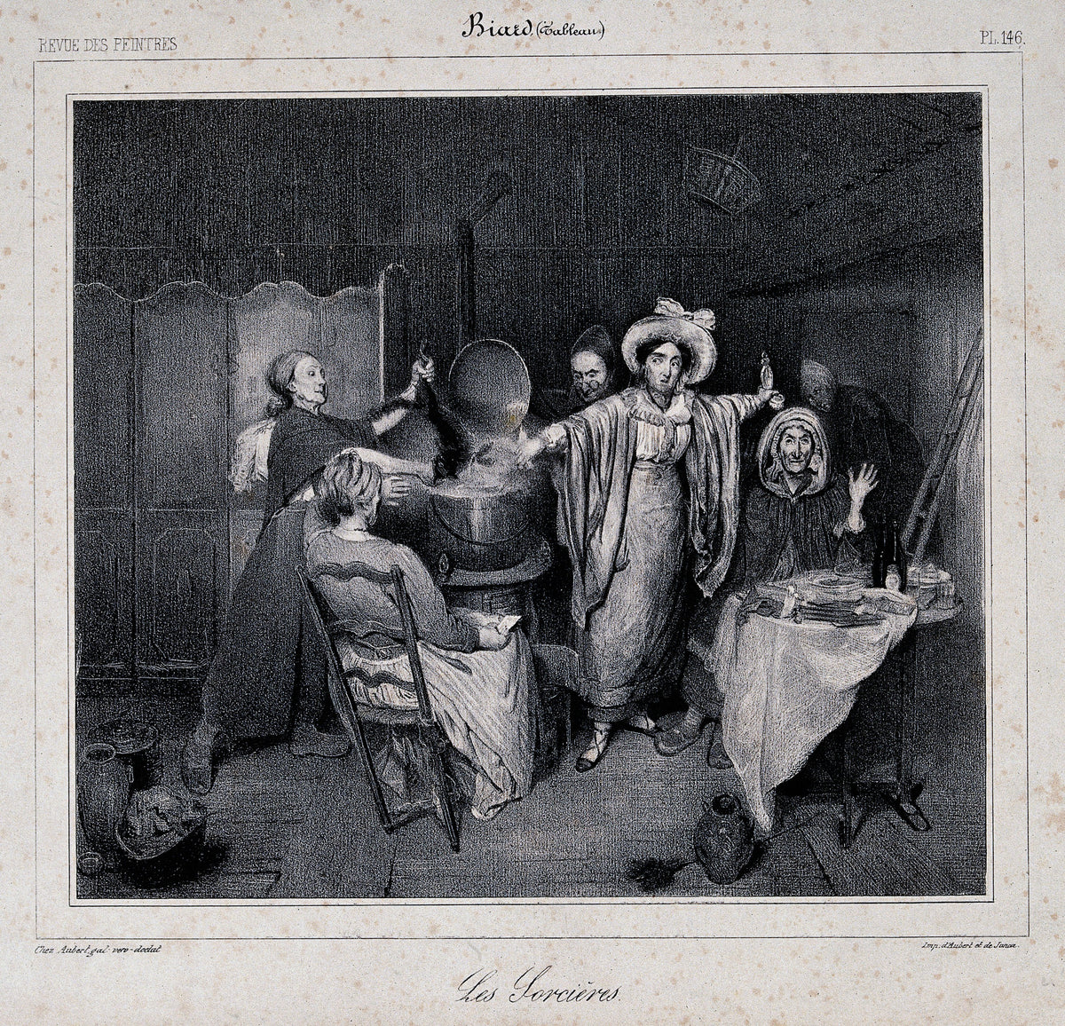 Witches Putting a Creature in a Boiling Cauldron by Unknown artist — Six women crowd a steaming cauldron in a shadowy room