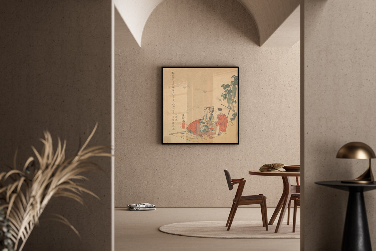 Framed art print of Woman and Boy with Melon Plant by Katsushika Hokusai, in a sunlit dining corner