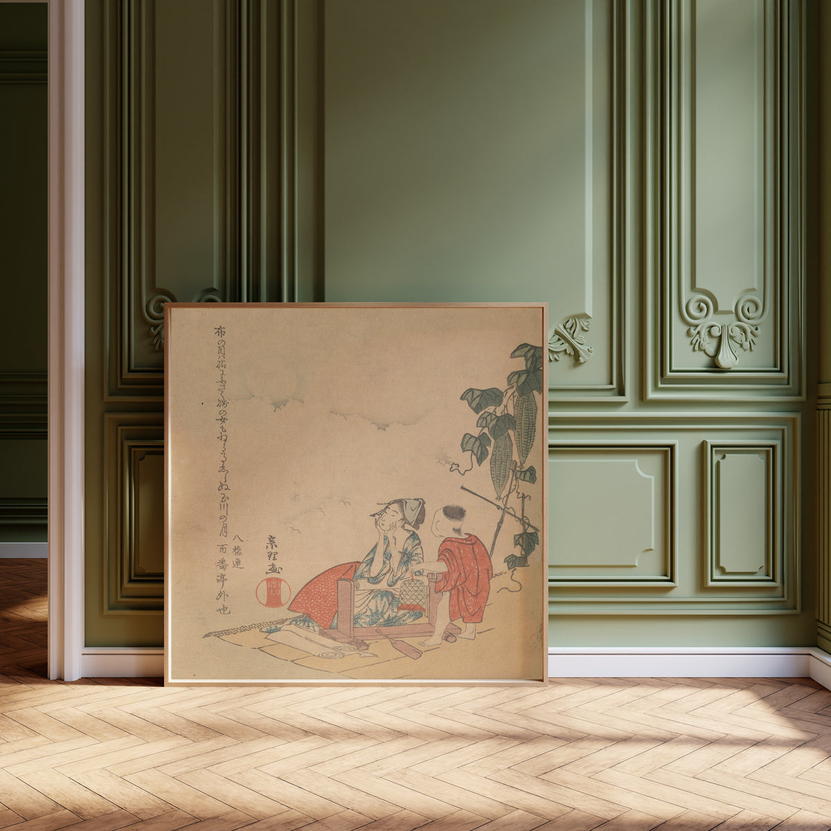 Framed art print of Woman and Boy with Melon Plant by Katsushika Hokusai, leaning against olive-green panelling on a herringbone floor
