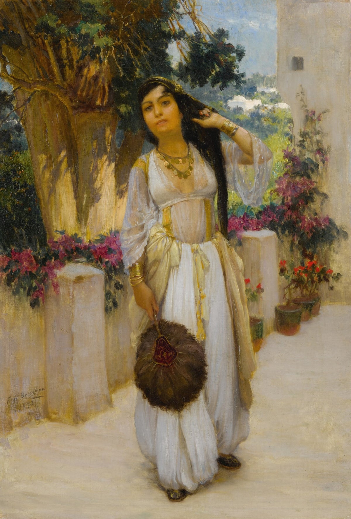 Woman of Algiers on a Veranda by Frederick Arthur Bridgman — A woman in white lifts her long dark hair on a flowering terrace