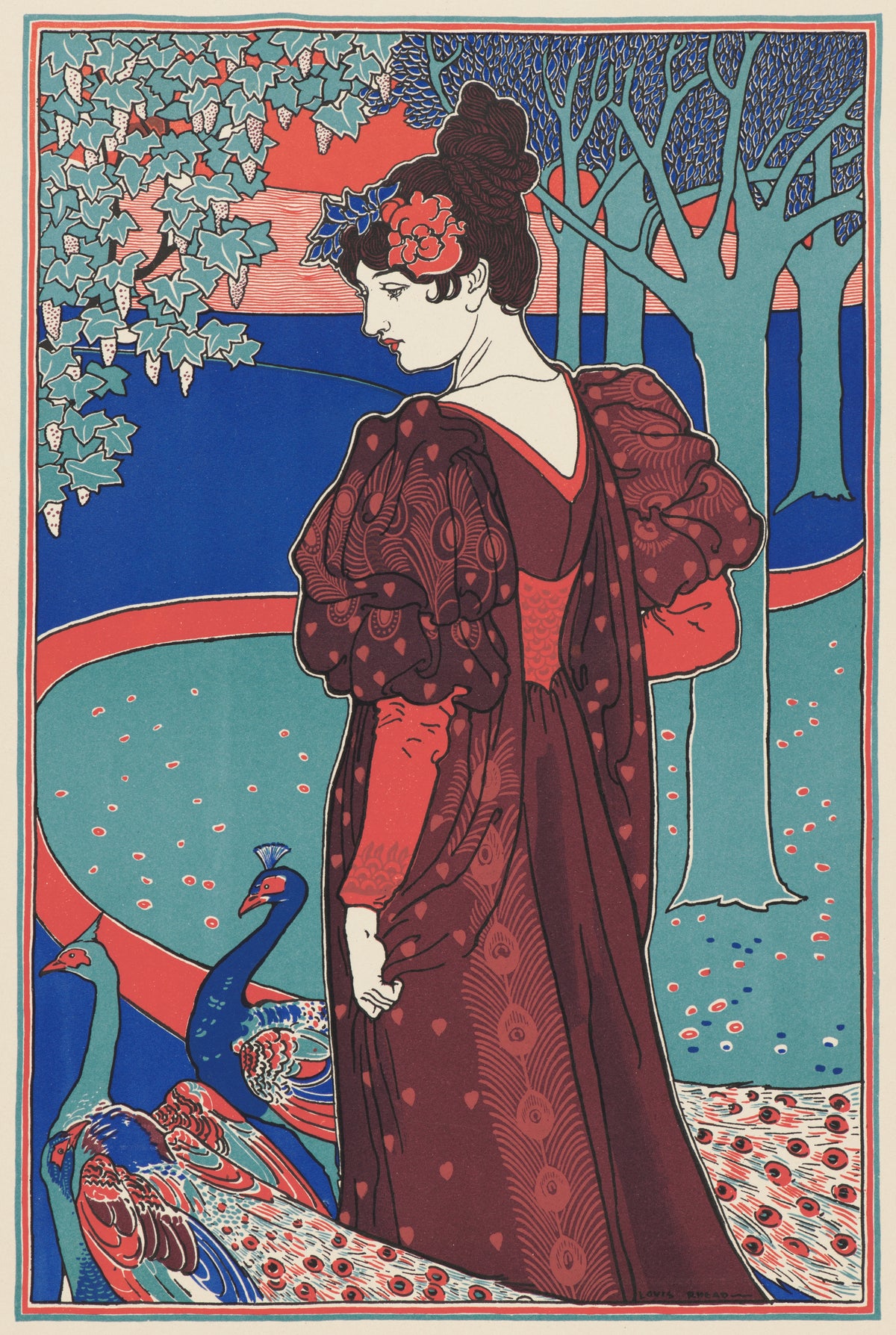 Woman with Peacocks (La Femme au Paon) by Louis Rhead — A woman in a peacock-feather gown bows her head beside two peacocks