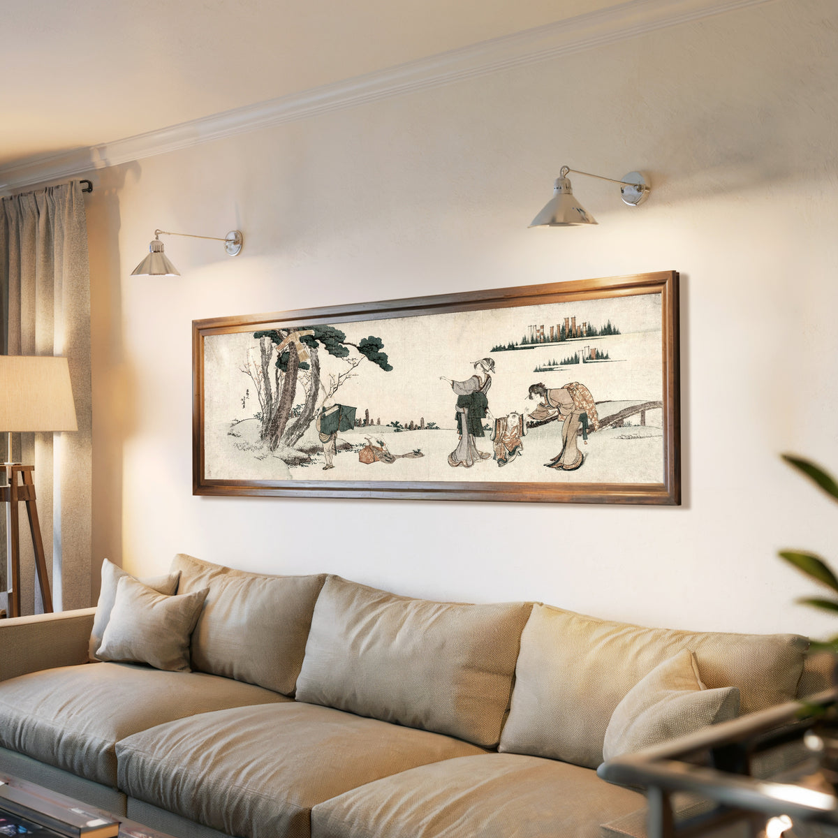 Framed art print of Women Distracting a Child whose Kite is caught in a Tree by Katsushika Hokusai, above a long sofa with wall lights