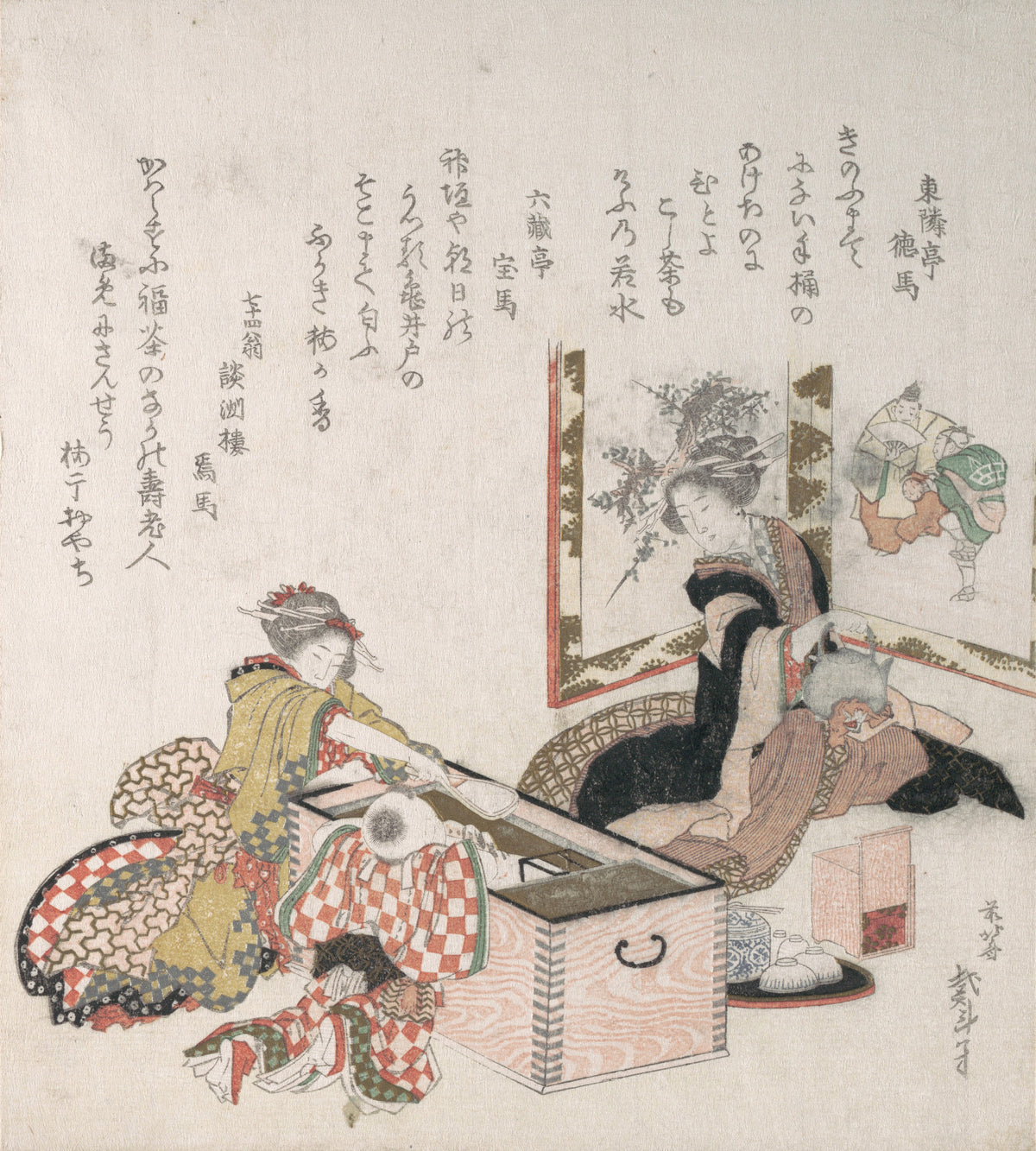 Women Preparing Tea Around the Fire-Holder by Katsushika Hokusai — Figures gather round an open brazier box as a kettle is lifted