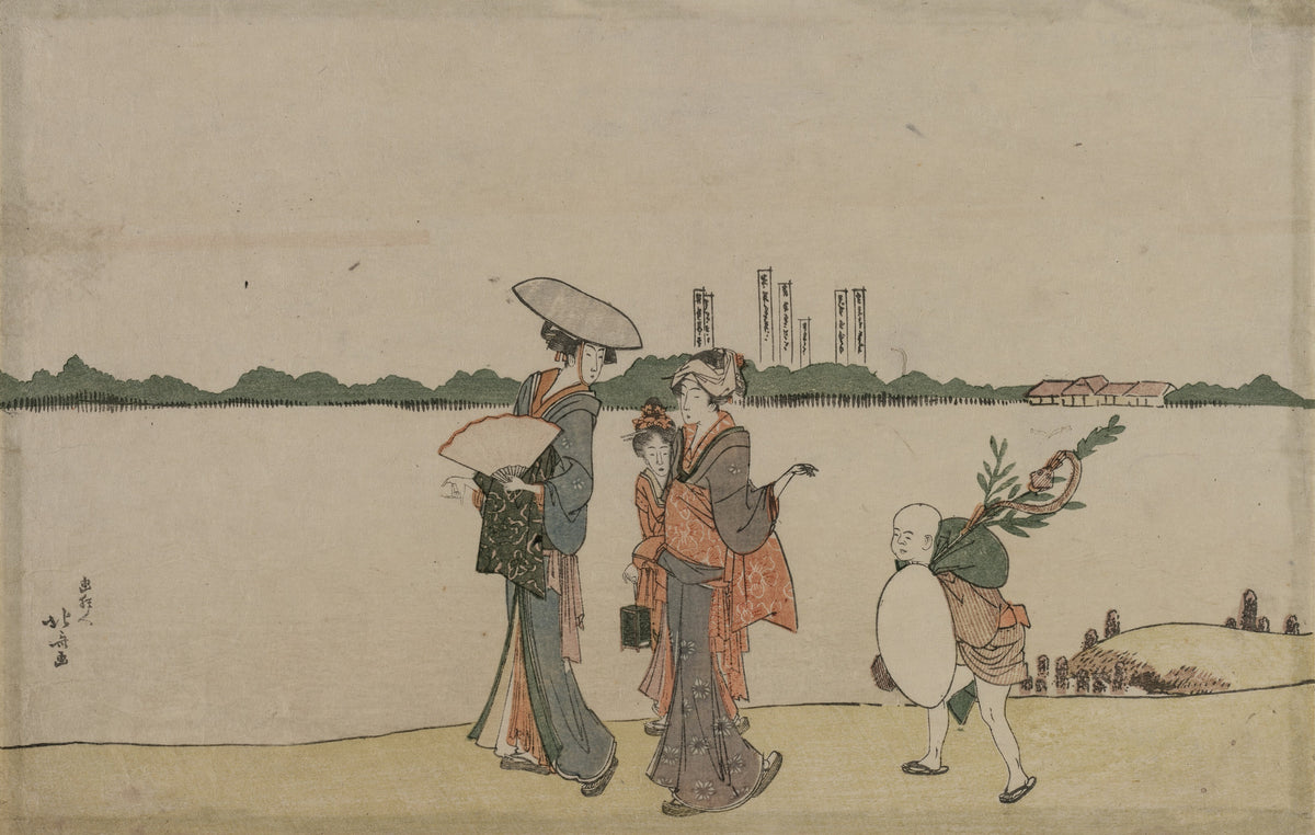 Women and Children Walking Along the Sumida River by Katsushika Hokusai — Two women and two children stroll a pale riverbank under a wide hat