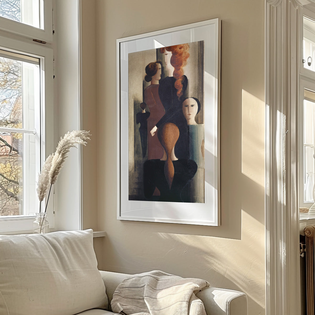 Framed art print of Women on Stairway by Oskar Schlemmer, in a sunlit living room above a sofa