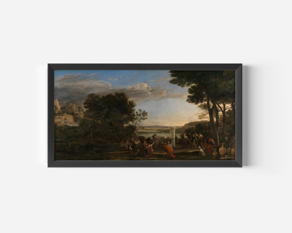 Framed art print of Worship of the Golden Calf by Claude Lorrain, in a wide black frame on a plain white wall
