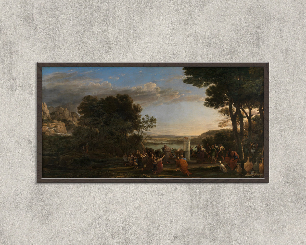 Framed art print of Worship of the Golden Calf by Claude Lorrain, in a wide black frame on a concrete wall