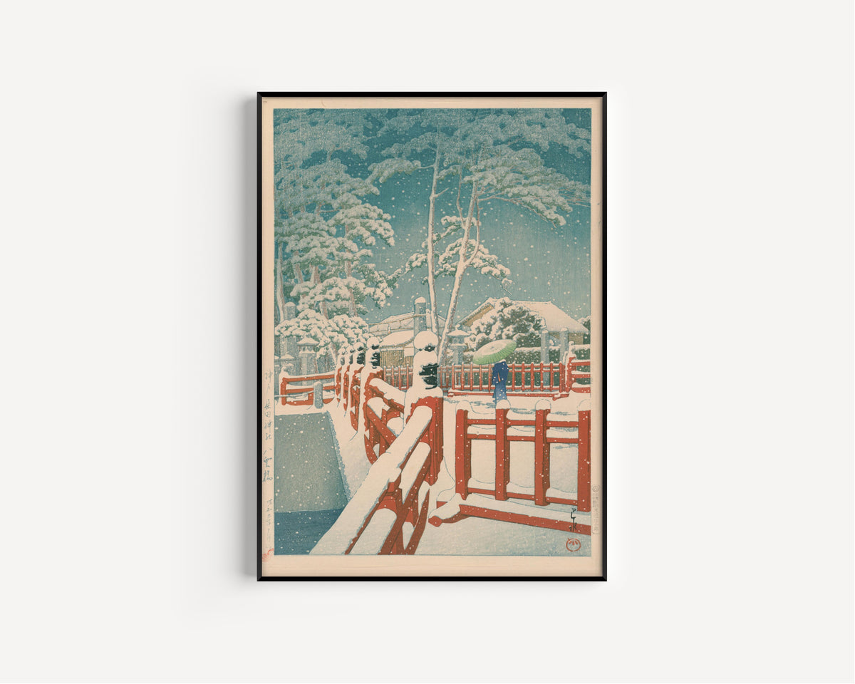 Framed art print of Yakumo Bridge at Nagata Shrine, Kobe by Kawase Hasui, in a slim black frame on a plain white wall