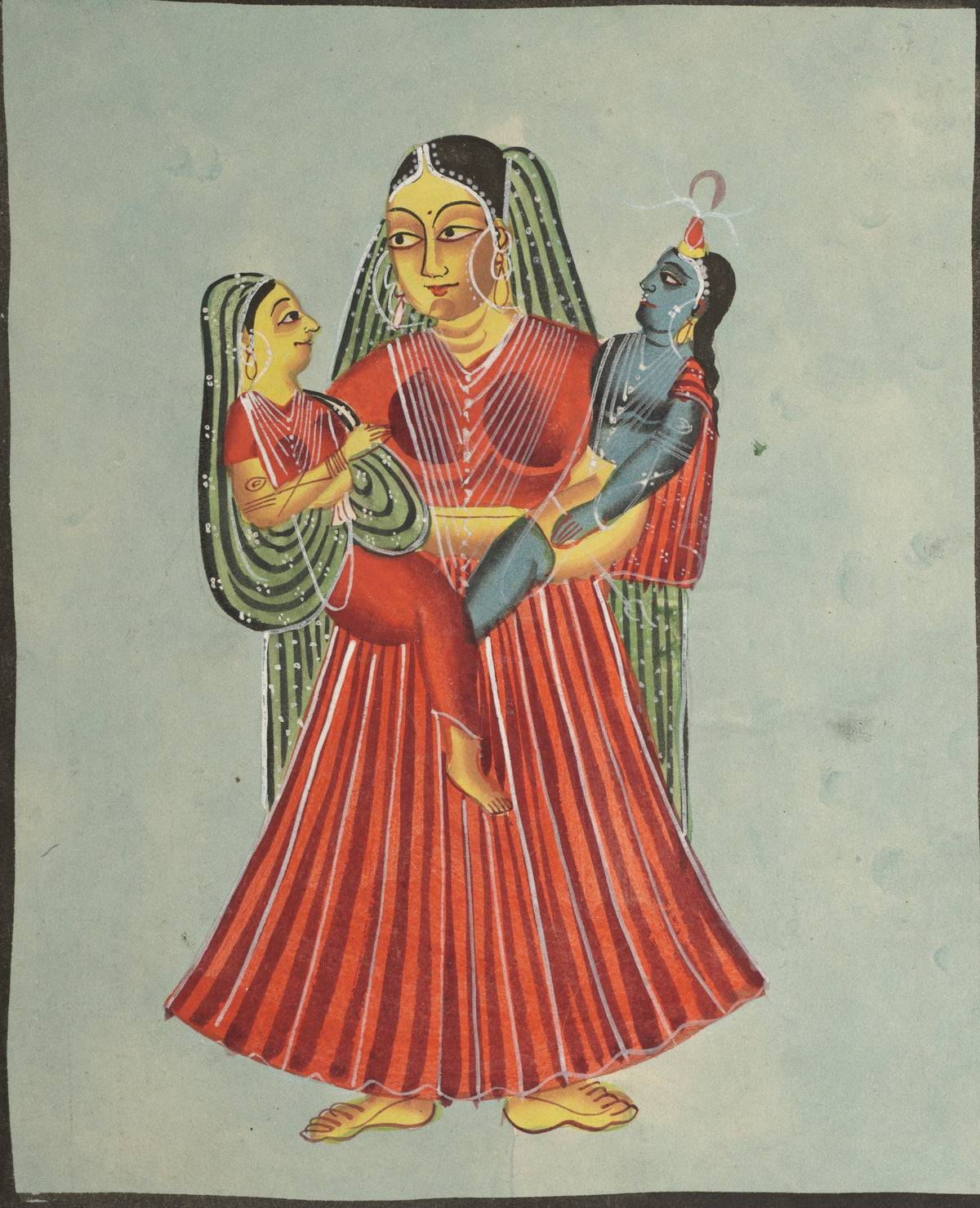 Kalighat painter — Yasoda Holding Krishna and Radha | Kalighat Painting Print