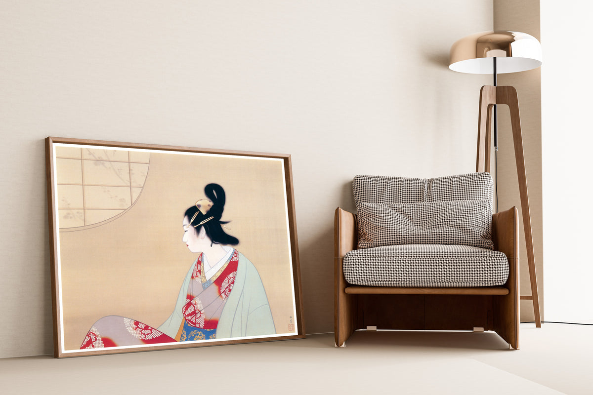 Young Lady by a Round Window by Uemura Shōen — shown framed on a wall