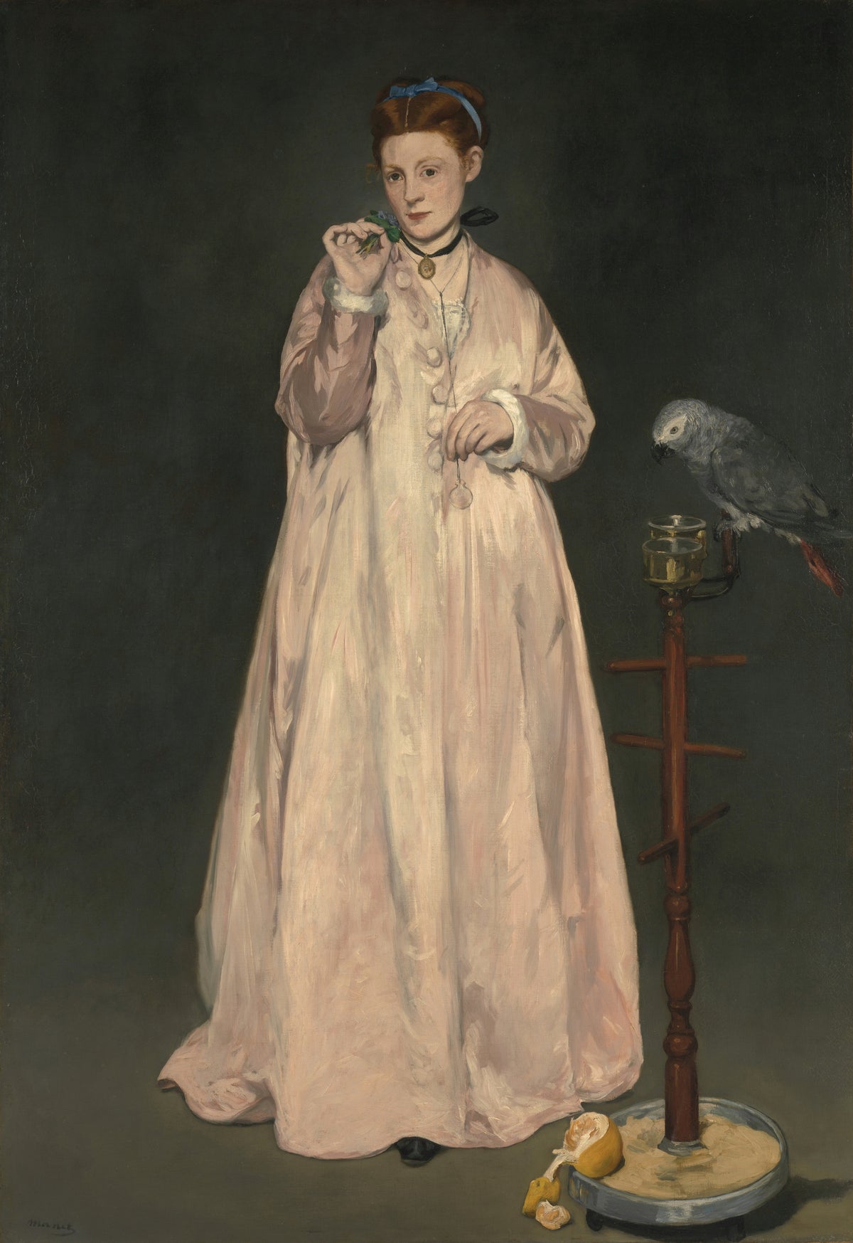 Young Lady in 1866 by Édouard Manet — A young woman in a pink gown beside a grey parrot on its perch
