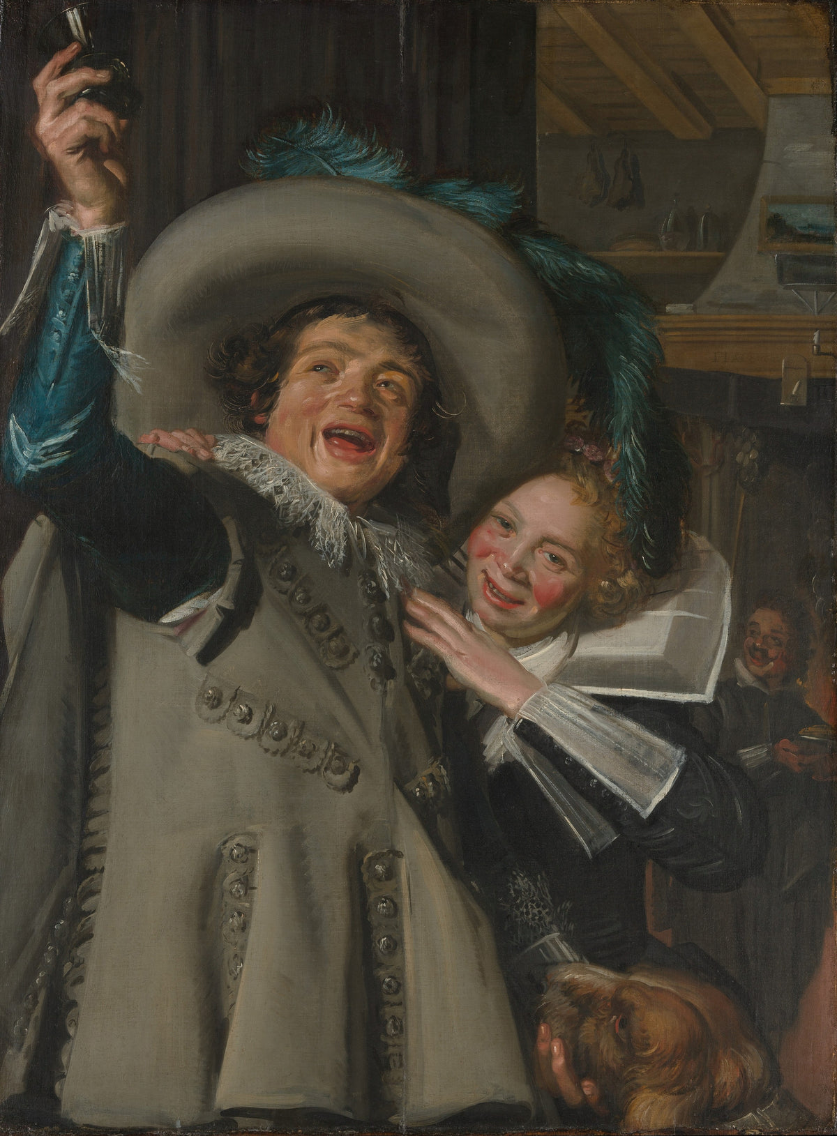 Young Man and Woman in an Inn by Frans Hals — A laughing man lifts a glass beside his rosy-cheeked companion