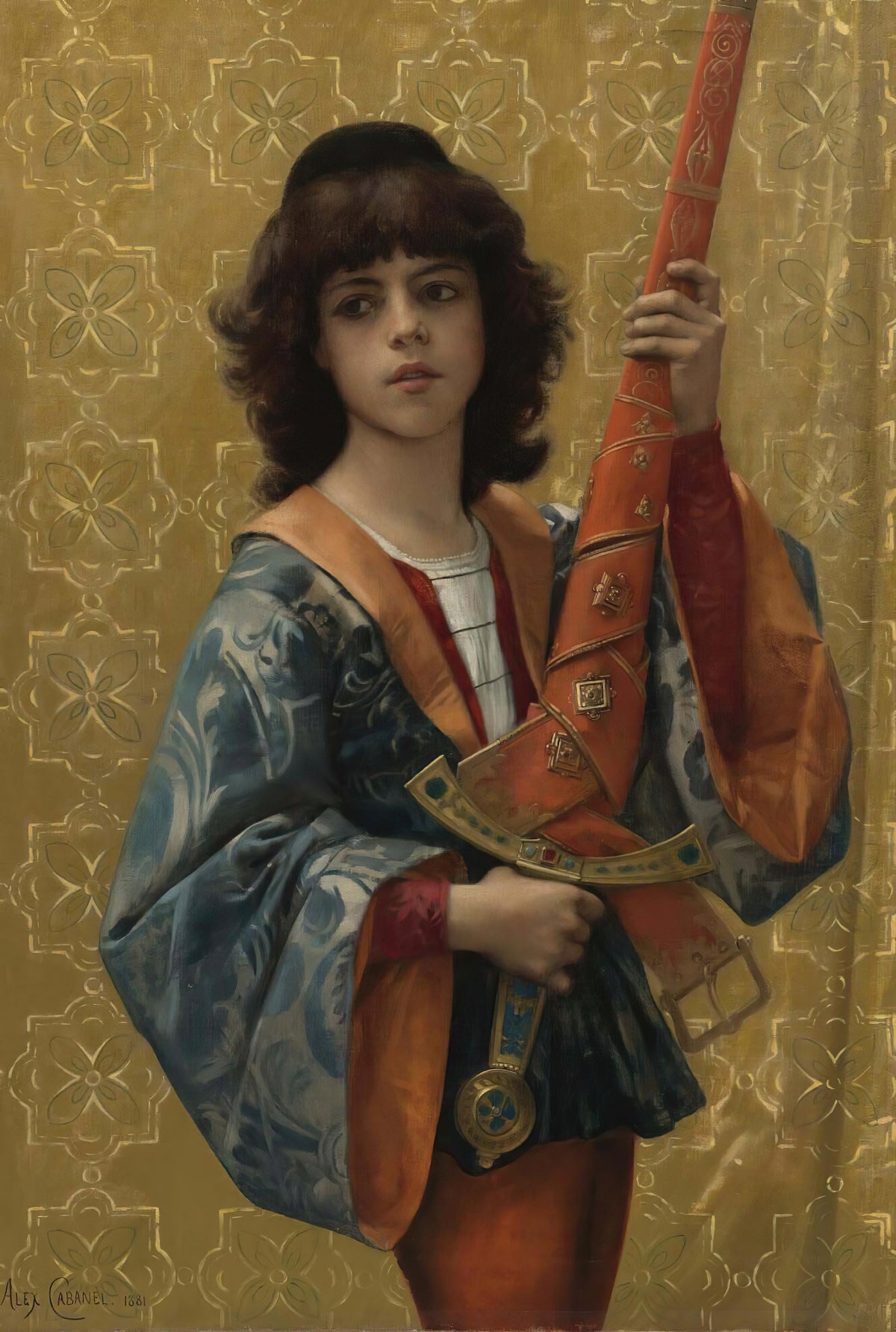 Young Page in Florentine Garb by Alexandre Cabanel — A young page in blue and orange holds a sword in a red scabbard