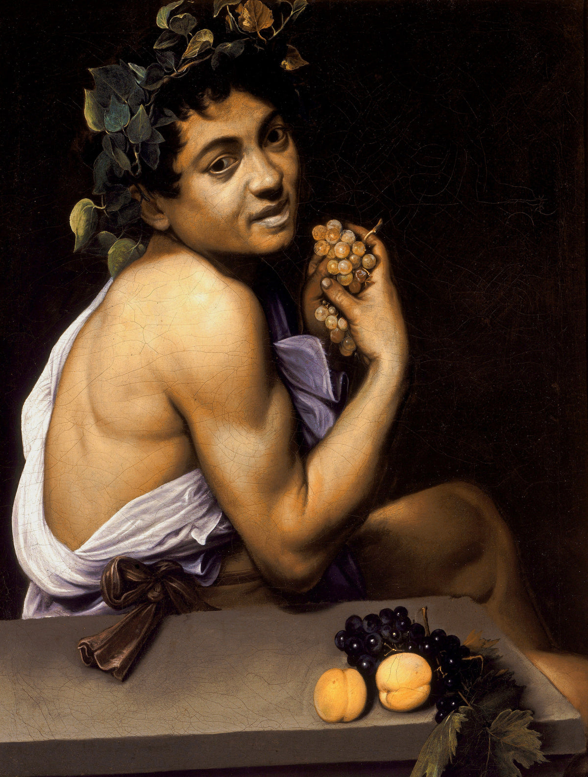 Young Sick Bacchus by Caravaggio — A wreathed youth glances back over his shoulder with a bunch of grapes