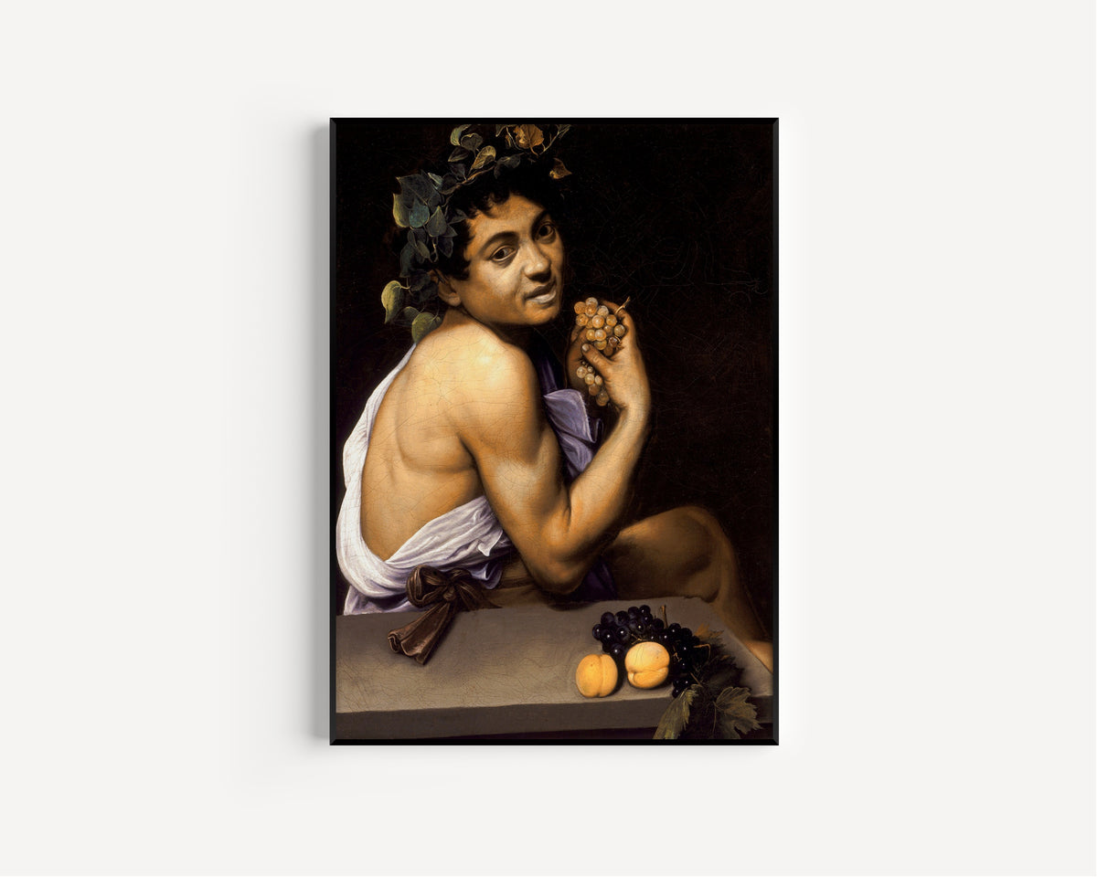 Framed art print of Young Sick Bacchus by Caravaggio, in a slim black frame on a plain white wall
