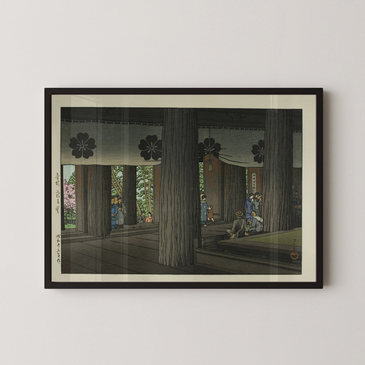 Framed art print of Zao Hall, Yoshino by Kawase Hasui, in a black frame on a pale wall