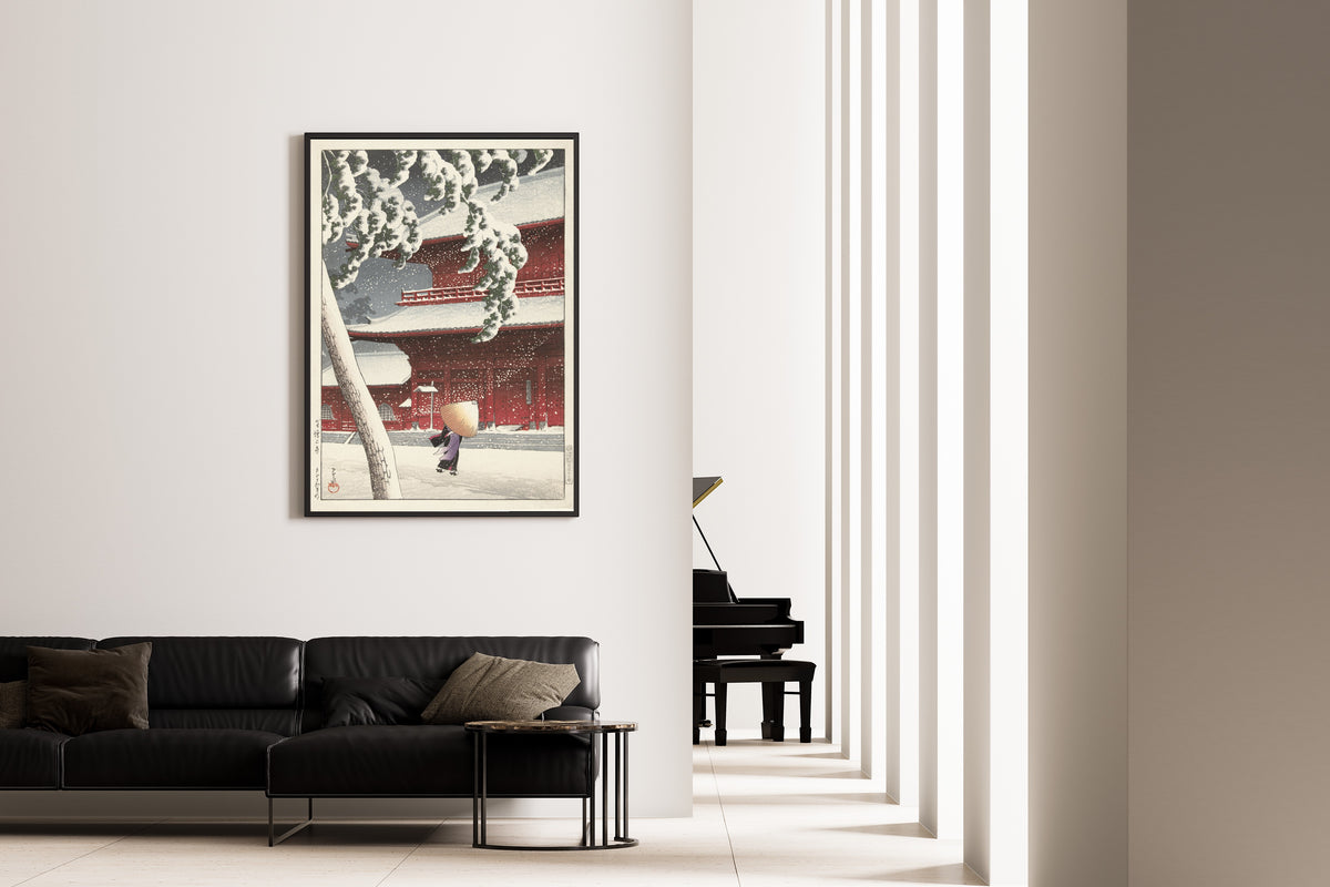 Framed art print of Zojoji Temple, Shiba by Kawase Hasui, on the wall of a minimal living room