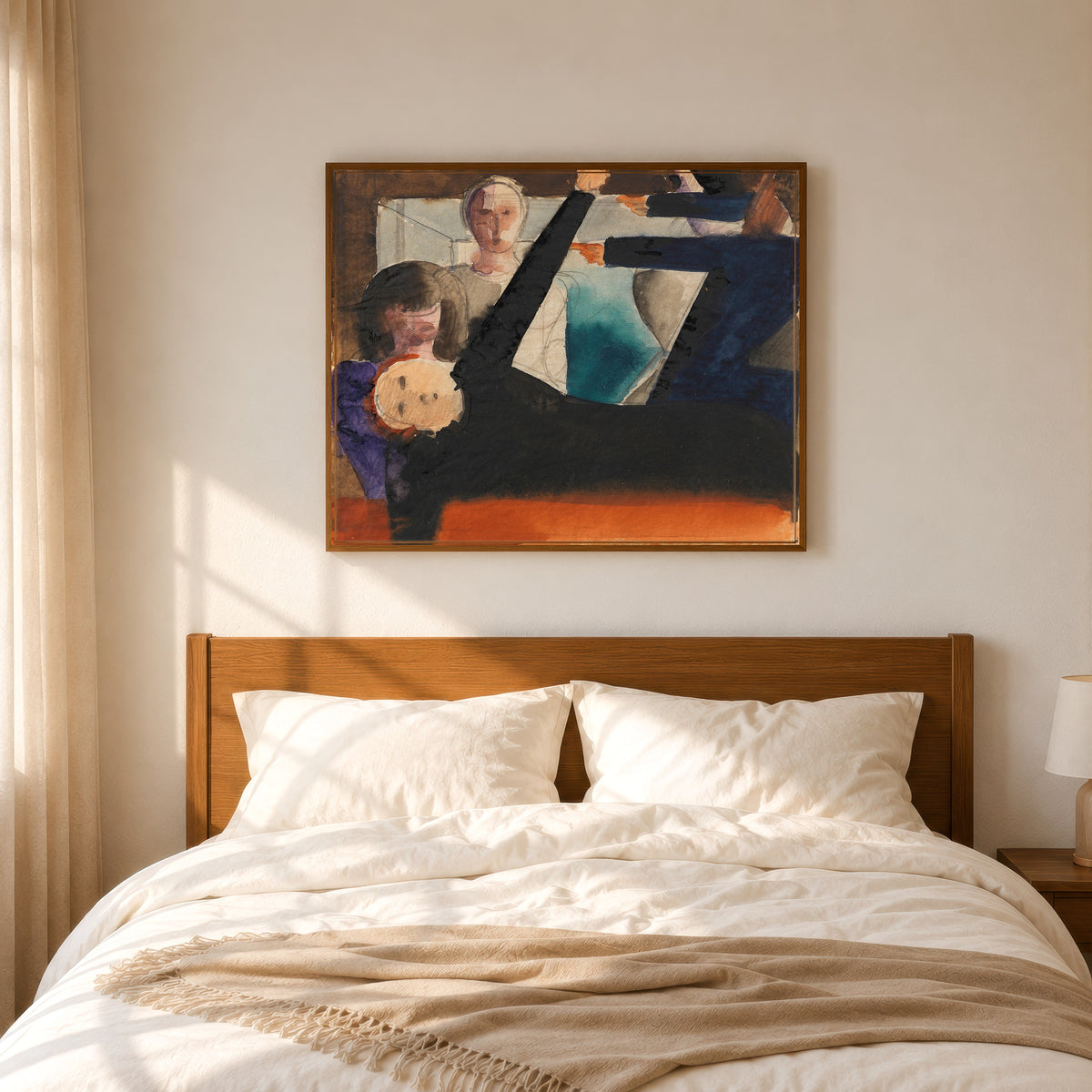 Framed art print of Zwiegespräch (Anklage) by Oskar Schlemmer, in a slim wood frame above a bed in a sunlit bedroom