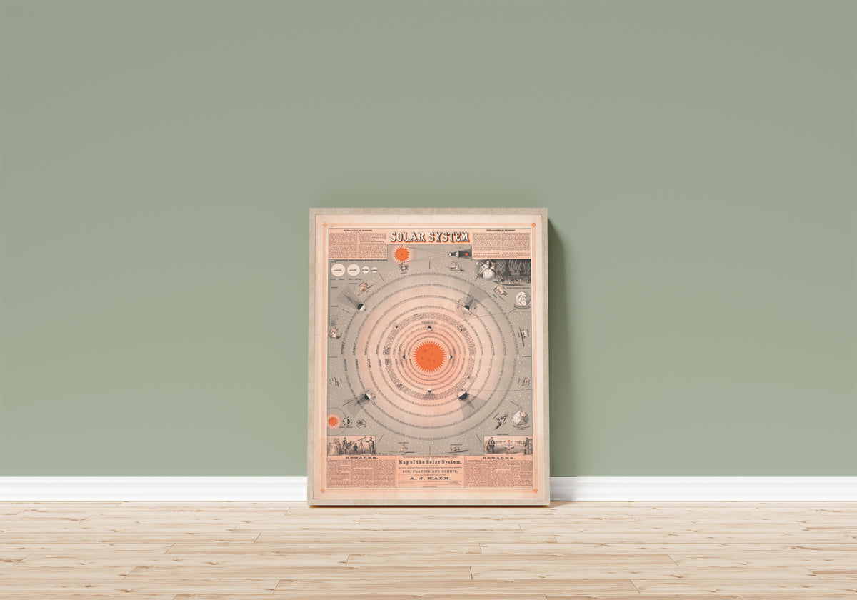 Framed art print of Map of the Solar System by A. McLean, in a light wood frame leaning on a sage green wall above a wooden floor
