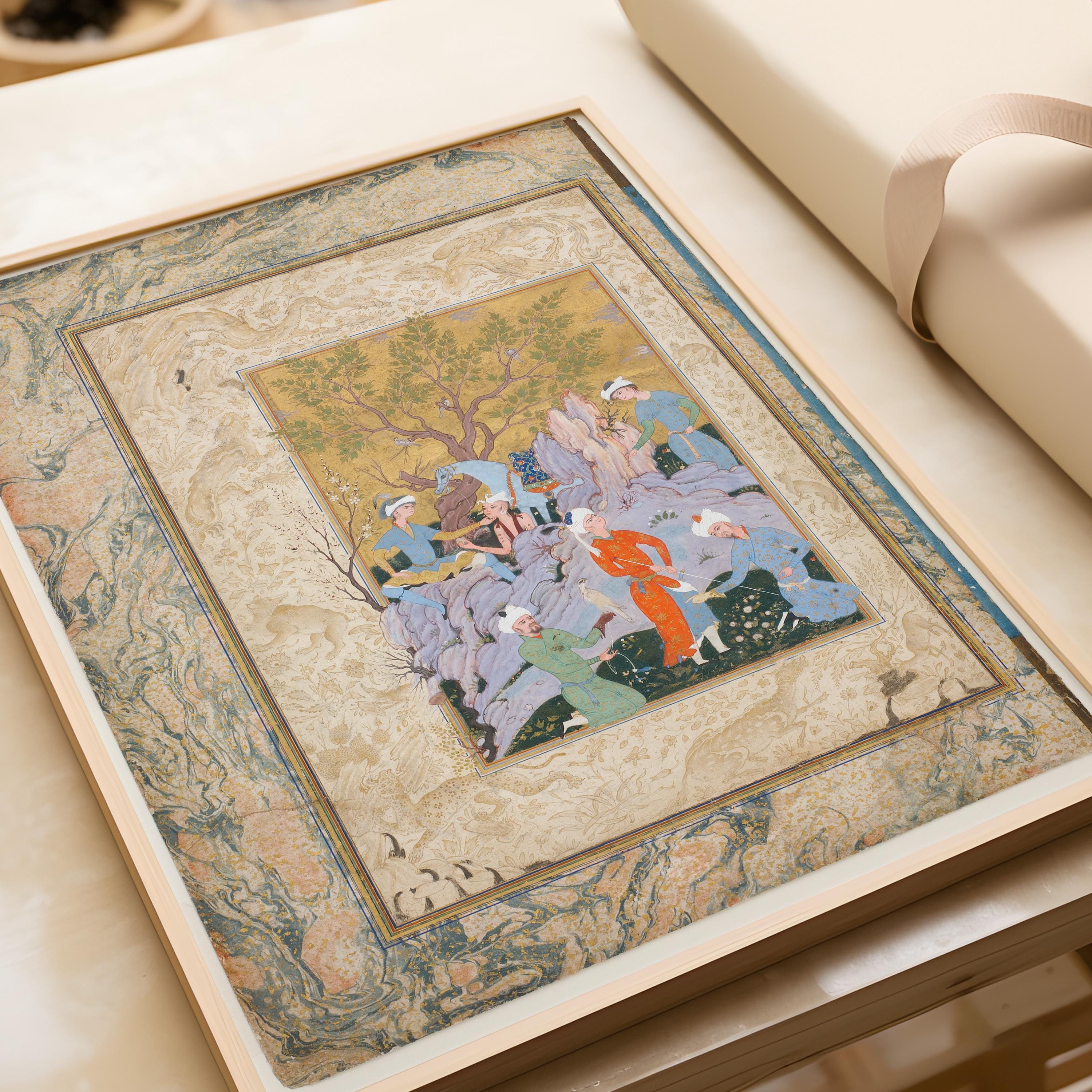 A Princely Hawking Party by Mirza Ali – Ancient Persian Miniature Illuminated Art | PRINT (Framed & Unframed Available) - 9ArtPrints
