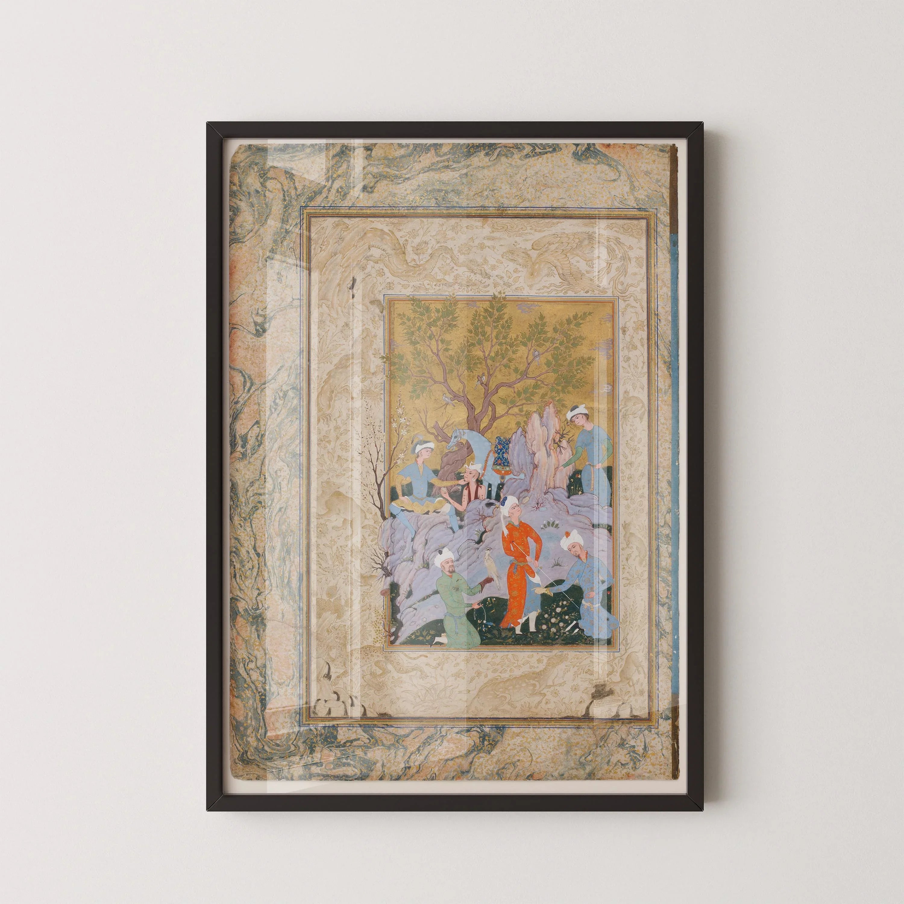 A Princely Hawking Party by Mirza Ali – Ancient Persian Miniature Illuminated Art | PRINT (Framed & Unframed Available) - 9ArtPrints
