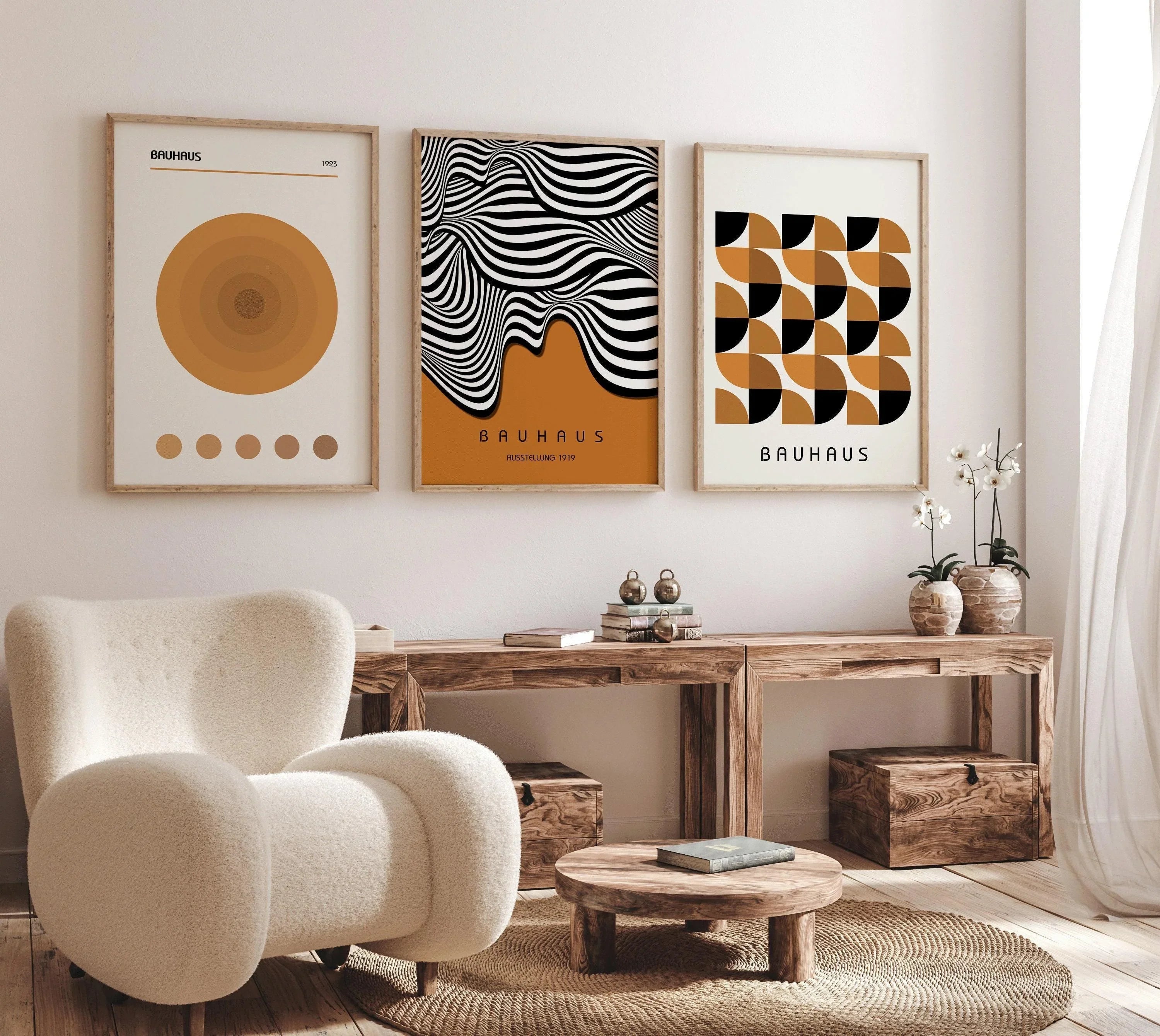 A Striking STATEMENT TRIO Bauhaus Posters | Our Perennial Bestseller Mid - Century Modern Art Prints in Brown available framed - 9ArtPrints