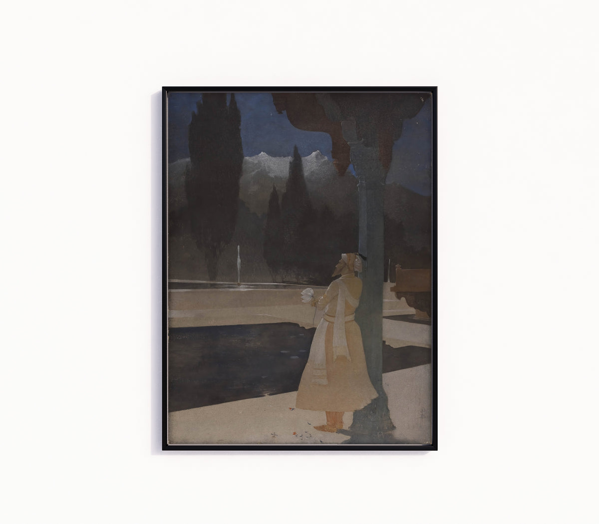 Framed art print of Night at the Shalimar by Abanindranath Tagore, in a slim black frame on a plain white wall