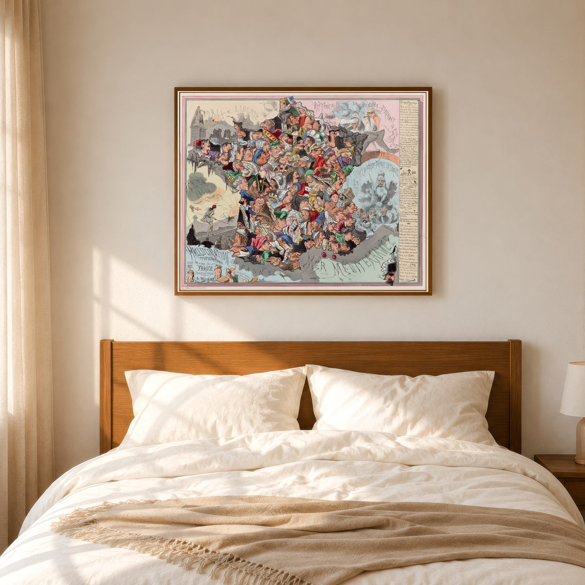 Framed art print of Malédiction topographique sur la carte de France by Achille Belloguet, in a slim wood frame above a bed in a sunlit bedroom