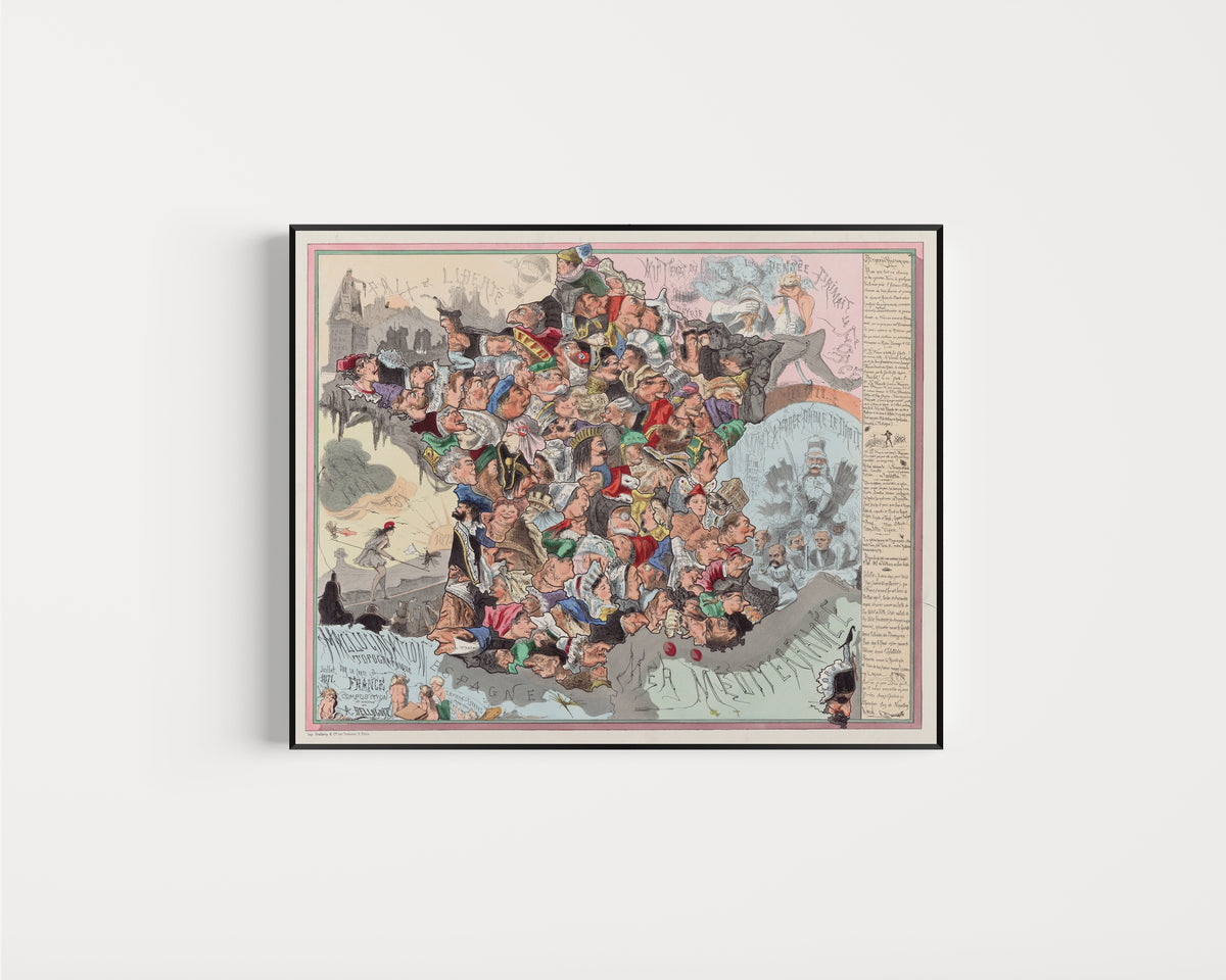 Framed art print of Malédiction topographique sur la carte de France by Achille Belloguet, in a slim black frame on a plain white wall
